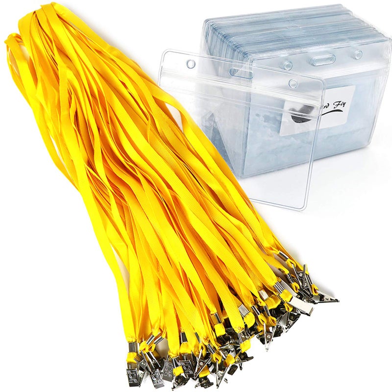 Bird Fiy Lanyards with id Holder Name Badges 50 Pcs Waterproof Type Clear Plastic Horizontal Name Tag Badge Id Card and 50 Pcs Lanyard (Yellow) - Image 1